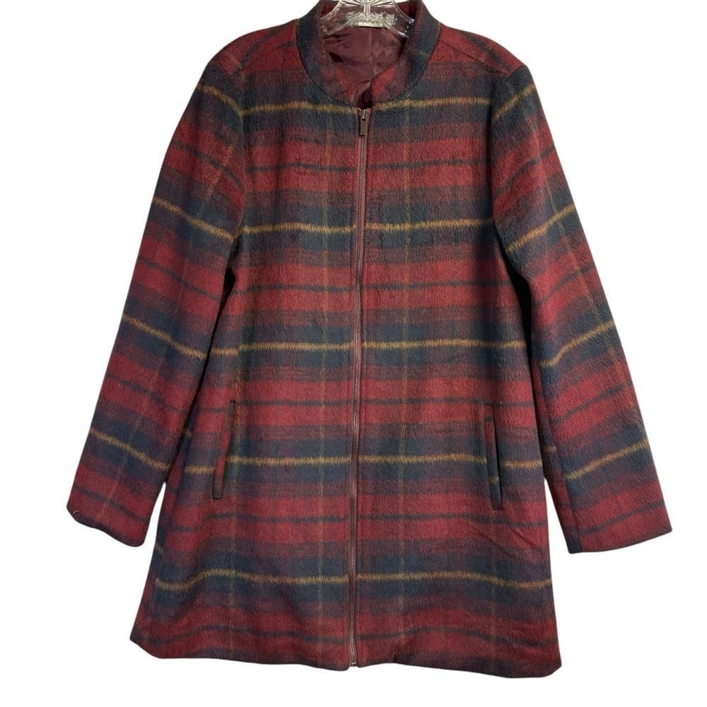 Stoosh Women's Holiday Plaid Band Collar Full‎ Zip Light-Weight Jacket Large